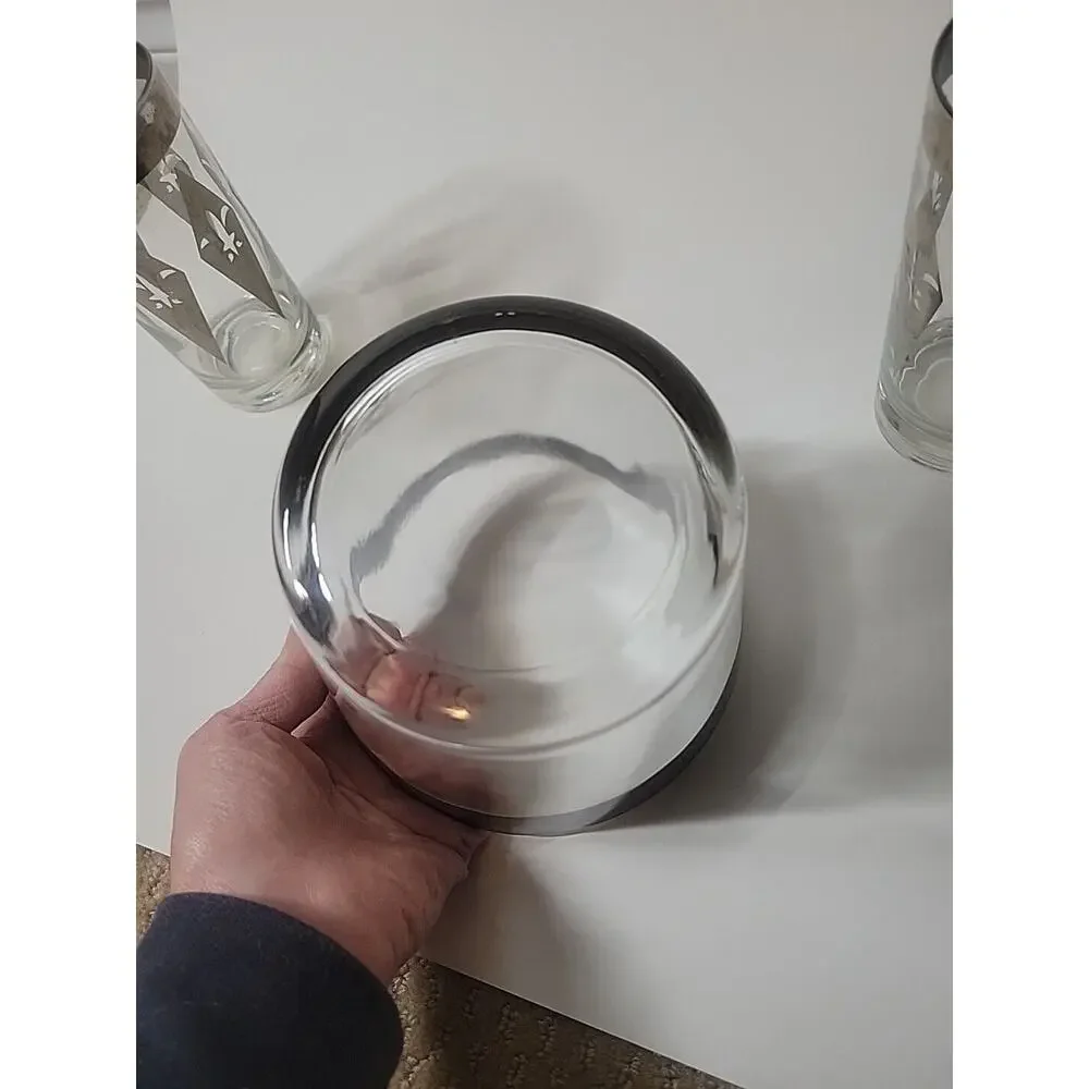 Vintage 1960's Dorothy Thorpe MCM Ice Bucket Silver Rim And Glasses